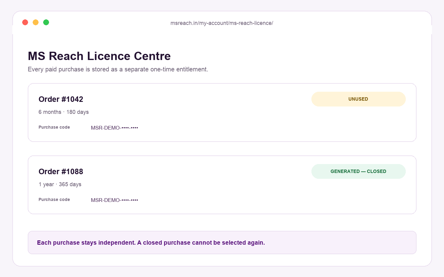 MS Reach purchases in the customer Licence Centre