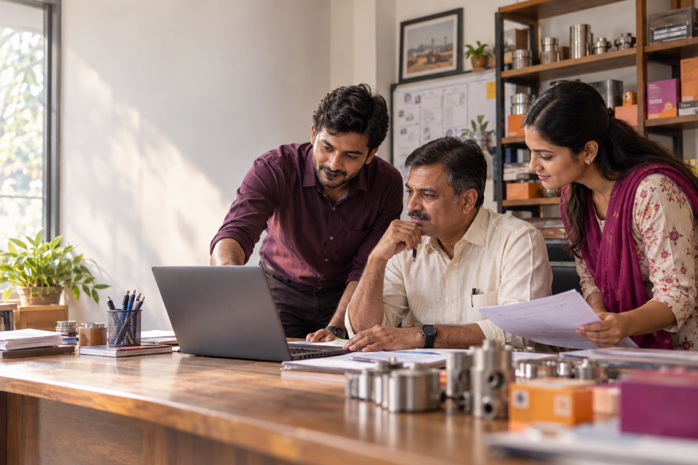 A small business team reviewing a workflow together