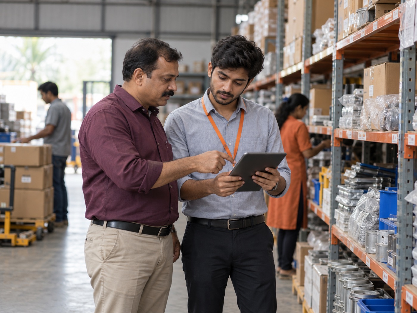 A warehouse manager and consultant checking inventory information