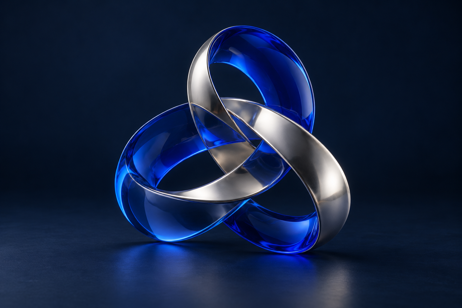 Interlocking cobalt and silver ribbons representing connected business workflows