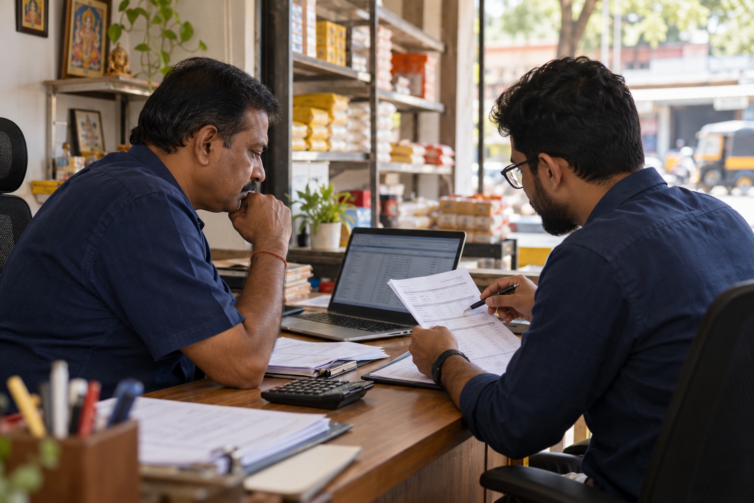 A business owner and consultant reviewing purchase records together