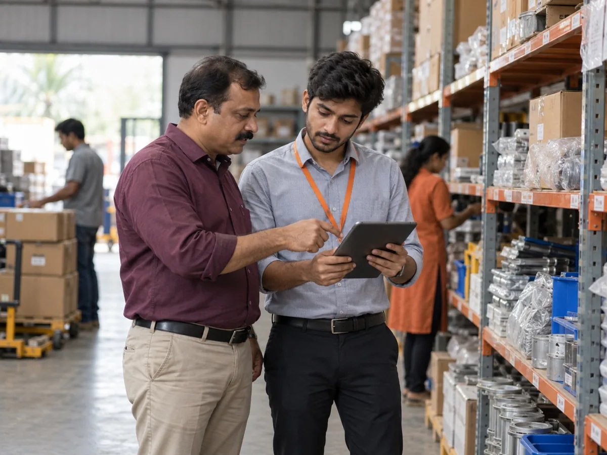A warehouse team reviewing stock information